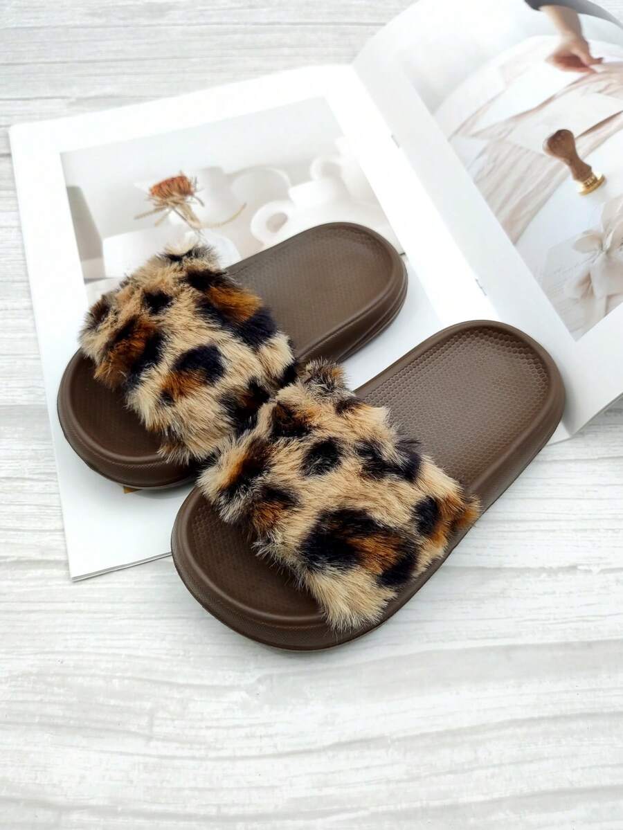 1 Pair Girls Leopard Print Slippers, Fashionable And Cute Flat Slippers, Suitable For Indoor And Outdoor Wear All Seasons - Chocolate Brown - View 1