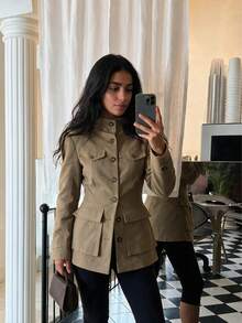 Women's Solid Color Shirt Jacket, Button Front, Dual Pockets, Lapel Collar Long Sleeve Outerwear, Autumn/Winter - Brown - View 7