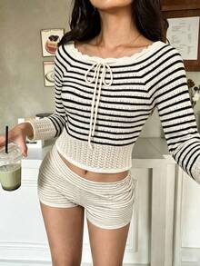 Women's Striped Knit Pullover Sweater With Drawstring Neckline, Long Sleeve Regular Fit Top For Fall & Spring Outfits - Multicolor - View 3
