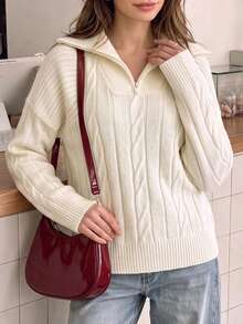 Women Fall Cream Half‑Zip Collar Cable Knit Sweater, Drop‑Shoulder Loose Long Sleeve Cropped Pullover For Daily Commute Casual Street Outfits - Apricot - View 9