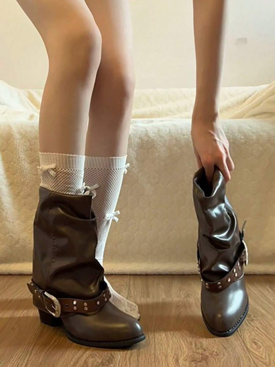 ABZT Vintage Chunky Heel Boots Women's 2026 New Autumn Ruched Shaft Pointed Toe Ankle Boots - Brown - View 1