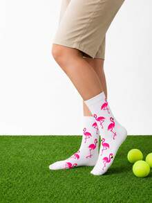 4 Pairs Women Flamingo Jacquard Tennis Crew Socks, White All‑Over Pink Flamingo Printed Rib Cuff High‑Stretch Moisture‑Wicking Wear‑Resistant Knit - Multicolor - View 4
