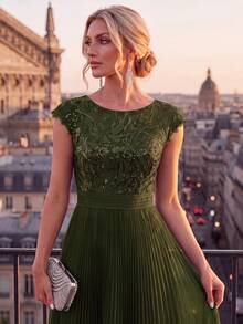 EVERPRETTY Elegant Sequin Mother Of The Bride Midi Dress Straight Sleeve A-Line Olive Green Tulle Wedding Guest Dress For Formal Wedding Garden Semi Formal - Olive Green - View 1