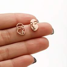 1 Pair Asymmetric Hollow & Solid Abstract Face Earrings, Golden Stainless Steel ,Modern Art Minimalist Ear Jewelry - GED659 - View 7