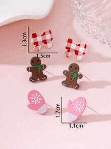 3 Pairs/Set Christmas Cute Gingerbread Man Bow Enamel Design Women's Earrings Set, Perfect Gift For Holiday Parties - Baby Pink - View 4