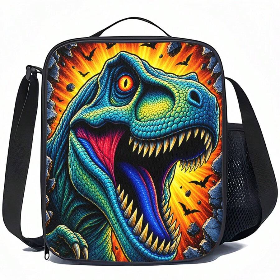 咆哮暴龍、蝙蝠與裂牆印花男童午餐袋,黑色拉鍊托特包,附頂部手提把手、肩帶與側邊網袋 - 恐龍-19 - 查看 1