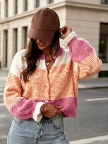 Colorblock Striped Knit Cardigan, Round Neck Single-Breasted Ruffle Cuff Long Sleeve Loose Slouchy Jacket, Women's Autumn/Winter Casual Versatile Top - Orange Pink - View 4