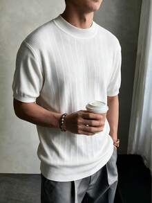 Men's White Ribbed Half-High Neck Short Sleeve Knit Pullover T-Shirt, Textured Slim Fit Casual Commuter Top For Spring, Summer, Autumn - White - View 3