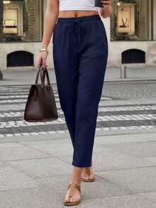 Jisfaneya Women's Solid-Color Drawstring Waist Casual Pants With Pockets - Navy Blue - View 7