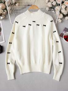 Women's Winter Korean Sweet Style Semi-High Neck 3D Bow Design Sweater, Autumn/Winter Slouchy Fashion Slimming Long Sleeve Knit Top - Apricot - View 8