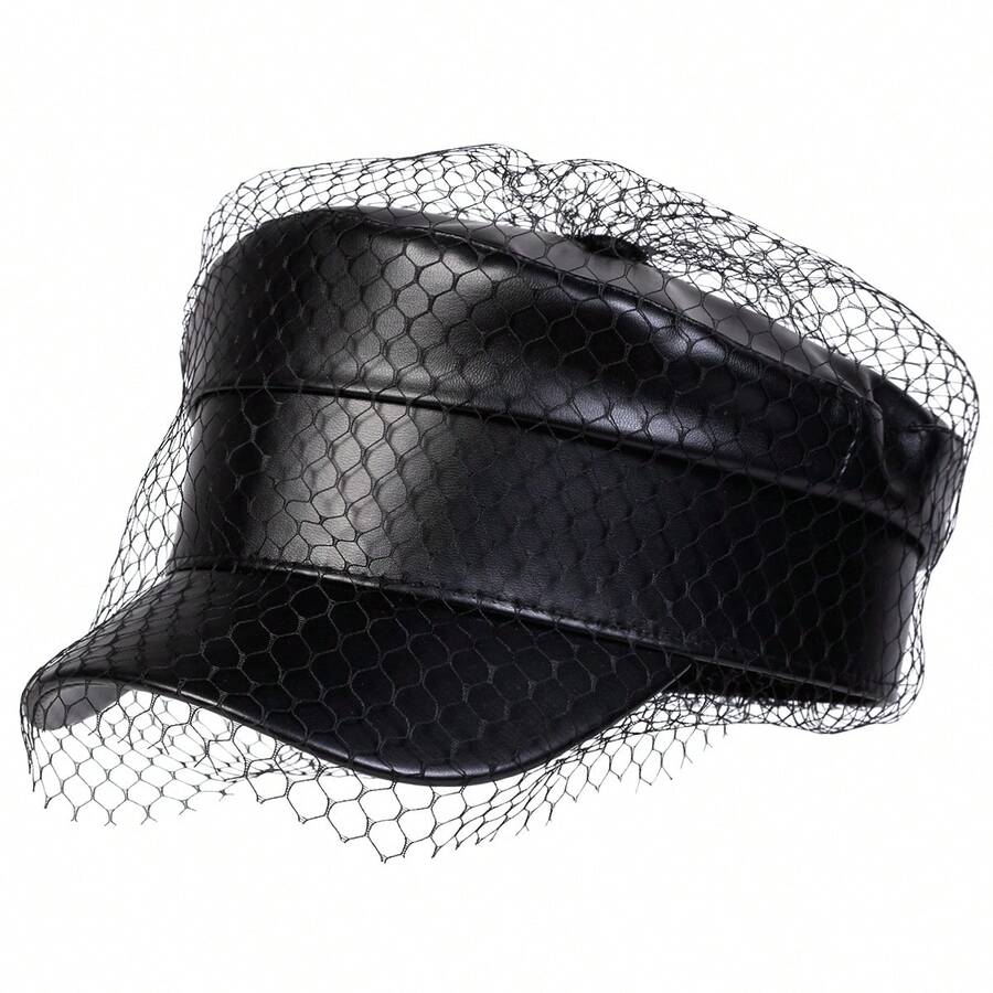 1pc Women's Metal Buckle Leather Cap - Black - View 1