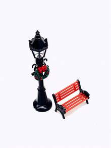 Mini Christmas Street Lamp & Park Bench Set, Holiday Use, Vintage Black Floral Lamp & Mini Wooden Bench, Winter Miniature Landscape 3D Decoration, Suitable For Christmas Desktop Fairy Garden Decor - Multicolor - View 3