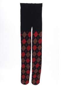 1pc Women's Burgundy & Black Plaid Tights, Classic Plaid Pattern Autumn Leggings, Preppy Vintage Style - Multicolor - View 5