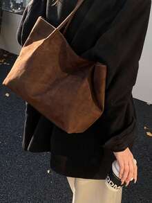 2026 Spring New Coffee Color Velvet Vintage Large Capacity Shoulder Bag, Underarm Bag, Handbag, Business Women Casual Style - Coffee Brown - View 4