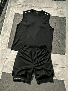 Men's Sports Tank Top Mesh Pullover Round Neck Reflective Print Sports Shorts Set Running Fitness Workout Outfit - Black - View 1