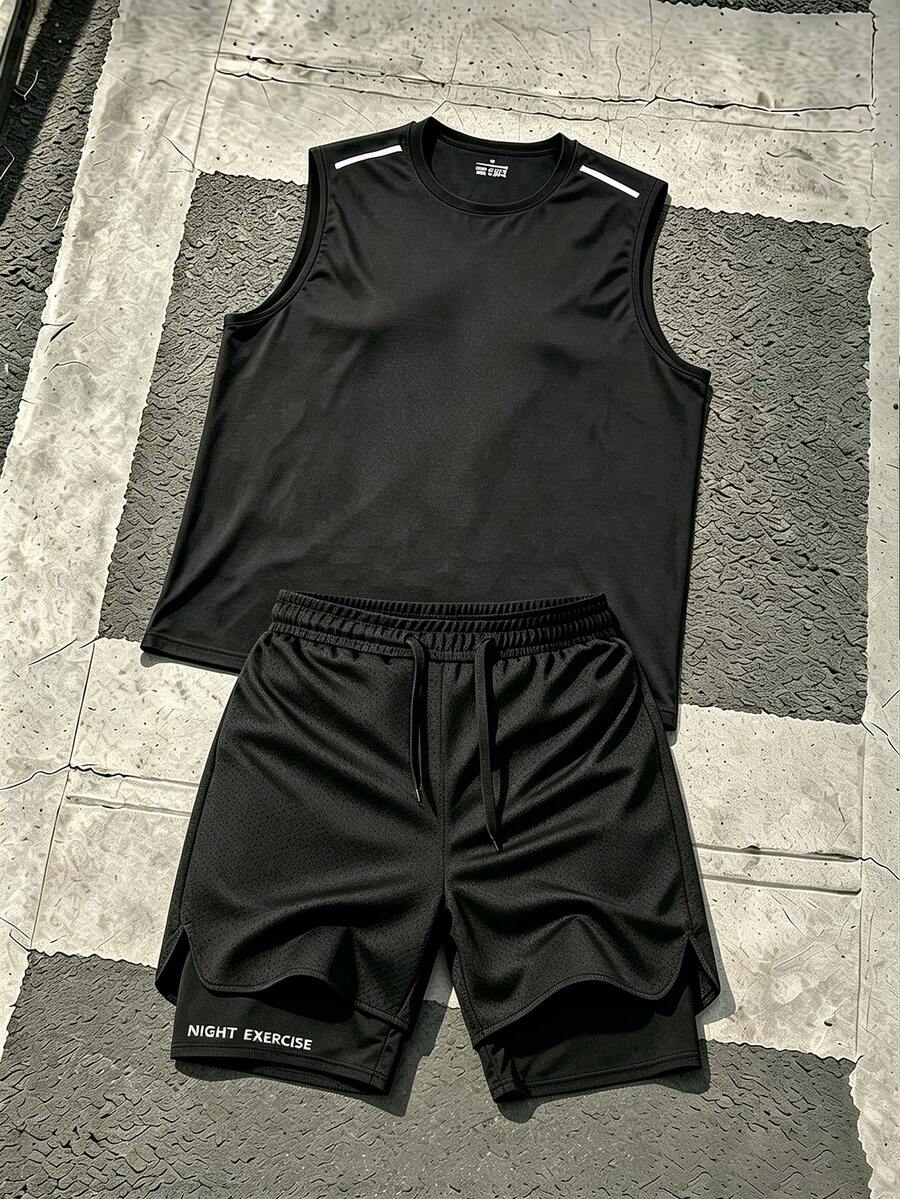 Men's Sports Tank Top Mesh Pullover Round Neck Reflective Print Sports Shorts Set Running Fitness Workout Outfit - Black - View 1