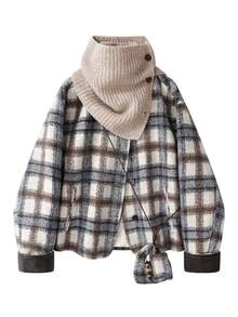 Premium Chic Contrast Color Plaid Winter Short Overcoat Patchwork Top Elegant Travel Casual Vacation - Apricot - View 1