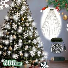 2m Christmas Tree Waterfall Lights, 200/400-LED White Fairy String Lights, USB Powered 8 Modes Curtain Lights, Indoor Christmas Tree Holiday Lighting, Holiday Home Party Decoration - White Light Waterfall Lamp - View 4