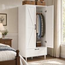 Wardrobe Closet, 63.5 Inch Modern Wooden Armoire Closet Para Ropa, Freestanding Clothing Storage Cabinet With 2 Doors 2 Large Drawers And Aluminum Alloy Hanging Rod, Black Metal Handles, Clothes Organizer For Bedroom Dorm Home, Black White - White - View 3