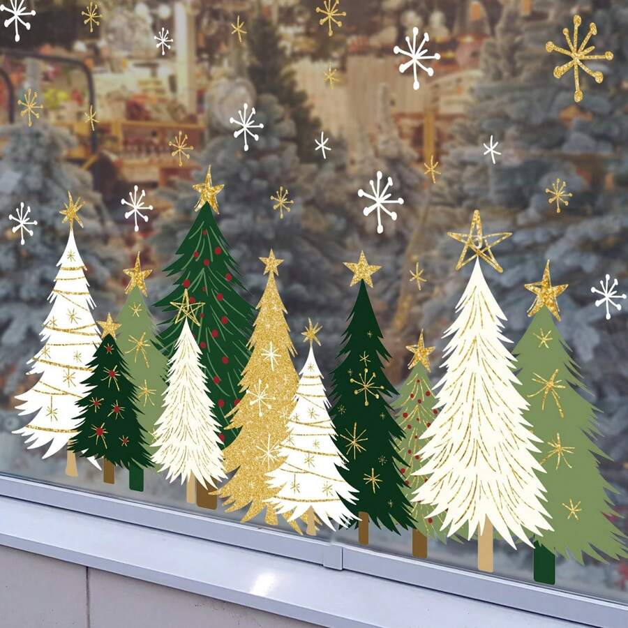 3pcs Christmas Window Stickers, White Green Gold Christmas Tree Snowflake Design, Winter Home Window Decor - Christmas Tree - View 1