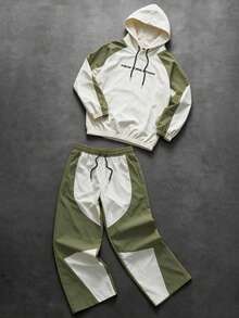 男士復古運動服2件套，連帽外套與運動長褲，拼色設計，獨特吸睛，適合運動、戶外、返校、休閒穿著、節日禮物。男士慢跑套裝，健身套裝，男士運動服，運動服套裝，健身服，男士套裝，街頭風格，朋友，情侶穿搭，寬鬆版型，印花，日系風格，中性 - 綠色 - 查看 4