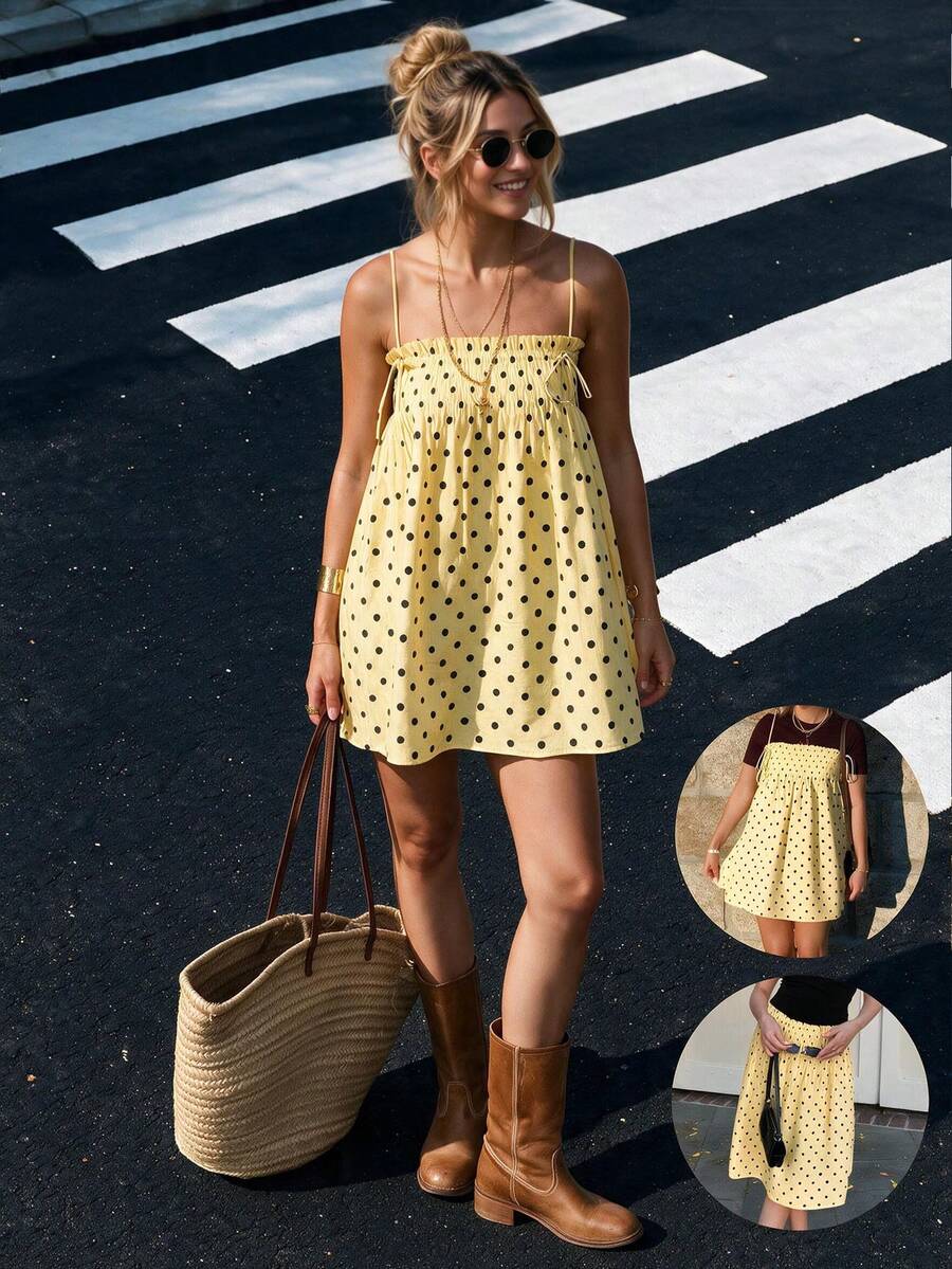 Vintage Polka Dot All Over Print Bohemian Casual Ruched Elastic Waist Frill Trim Cami Mini Dress Versatility Summer Yellow Elegant - Yellow - View 1