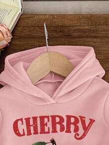 Young Girl Letter Cherry Pattern Hooded Warm Sweatshirt And Pants Set - Pink - View 3