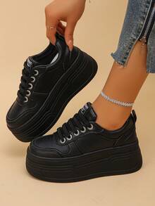 Women's Wedge Heel Thick Sole Sports Shoes Solid Color Casual Shoes - Black - View 1