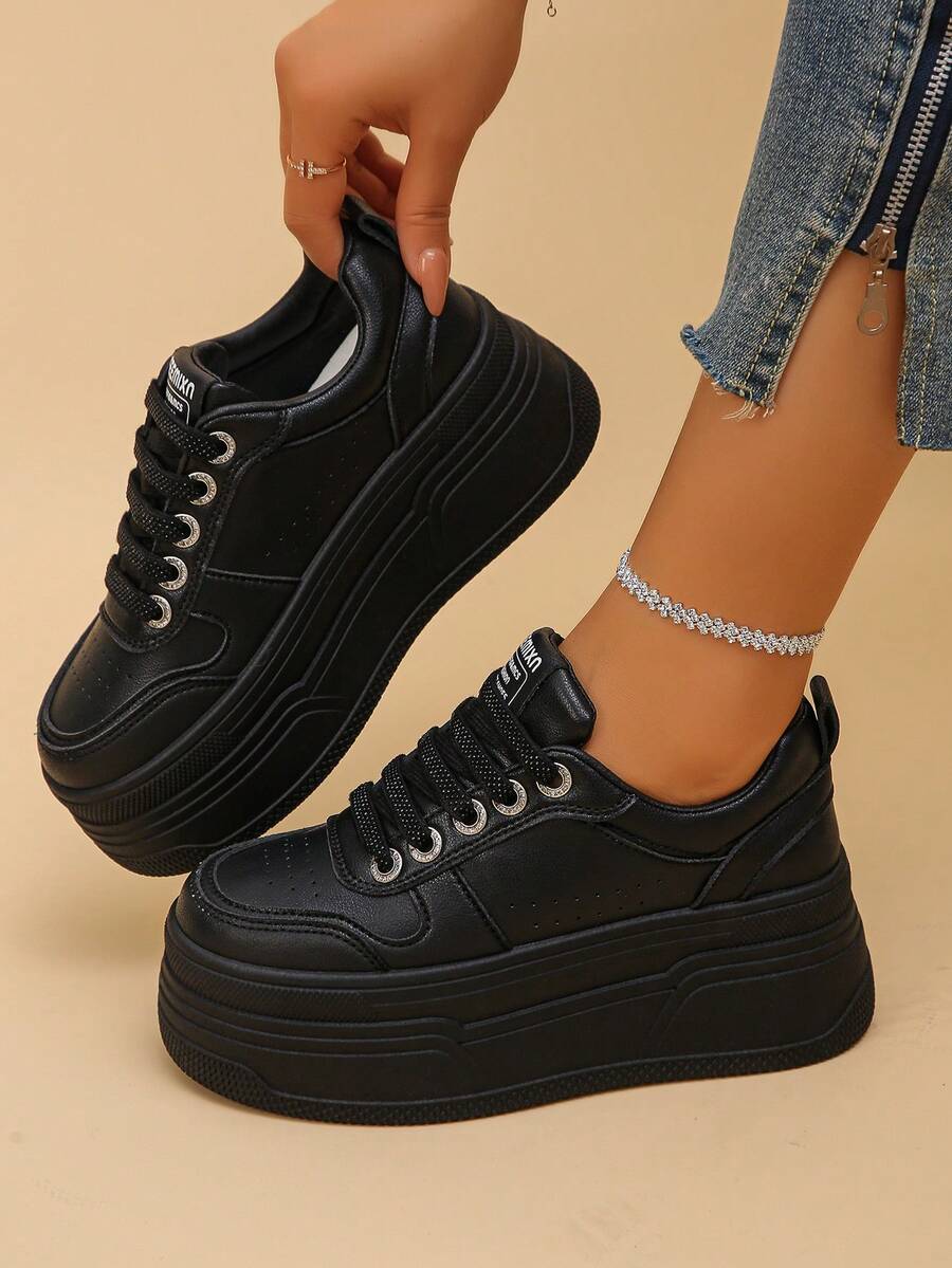 Women's Wedge Heel Thick Sole Sports Shoes Solid Color Casual Shoes - Black - View 1