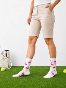 4 Pairs Women Flamingo Jacquard Tennis Crew Socks, White All‑Over Pink Flamingo Printed Rib Cuff High‑Stretch Moisture‑Wicking Wear‑Resistant Knit - Multicolor - View 6