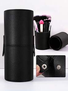 PU Leather Makeup Brush Bucket With Snap Lid 21.3cm*9cm Large Capacity Portable Travel Cosmetic Brush Cylinder Multi-Function Dust-Proof Desktop Makeup Brush Storage Holder For Full Set Makeup Brushes Home Travel Use - Black - View 2