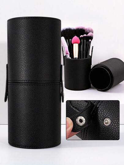 PU Leather Makeup Brush Bucket With Snap Lid 21.3cm*9cm Large Capacity Portable Travel Cosmetic Brush Cylinder Multi-Function Dust-Proof Desktop Makeup Brush Storage Holder For Full Set Makeup Brushes Home Travel Use