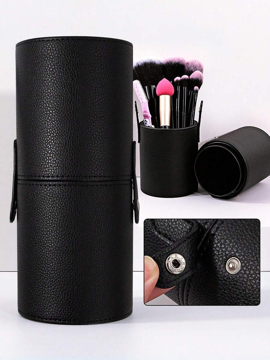 PU Leather Makeup Brush Bucket With Snap Lid 21.3cm*9cm Large Capacity Portable Travel Cosmetic Brush Cylinder Multi-Function Dust-Proof Desktop Makeup Brush Storage Holder For Full Set Makeup Brushes Home Travel Use