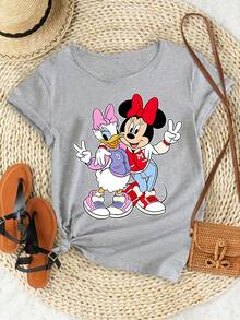 Disney 1件女款短袖T恤，迪士尼米妮鼠與黛絲鴨圖案印花，圓領，微彈性 - 淺灰色 - 查看 1