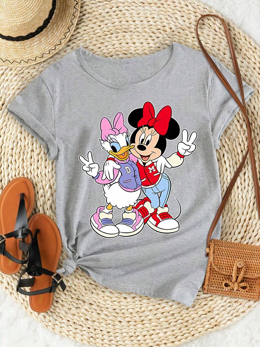 Disney 1件女款短袖T恤,迪士尼米妮鼠與黛絲鴨圖案印花,圓領,微彈性 - 淺灰色 - 查看 1