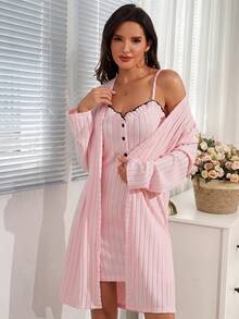 Gaun Pendek Tanpa Lengan Panjang Model Camisole Seksi Pas Badan dengan Potongan Bergaris Warna Polos untuk Wanita Musim Semi, Gugur, dan Musim Dingin, Set 2 Potong - Berwarna merah muda - View 1