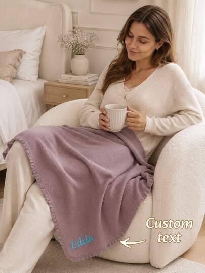 1PC Custom Embroidered Ruffle‑Trimmed Knit Throw Blanket, Personalized Text Embroidery Blanket With Scalloped Ruffled Border,4 Color Options,Home Decor Piece For Sofa Bedroom Couch,Thoughtful Holiday Gift For Household Family Members Daily Home Usage