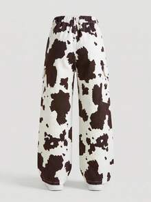 1pc Girls' Cow Print Cargo Wide Leg Denim Jeans, Casual Loose Straight Leg Long Pants With Large Pockets - Multicolor - View 3