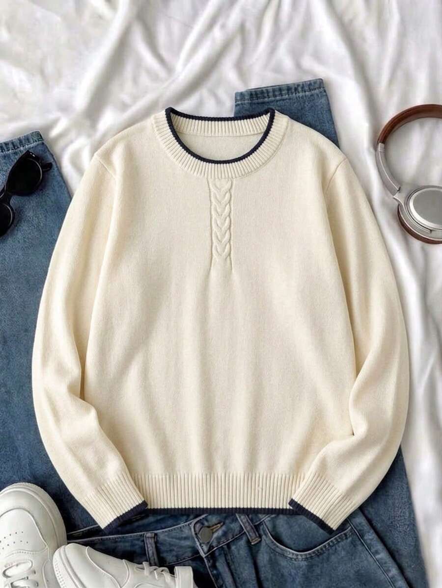 Boys' College Style Colorblock Striped Cable Knit Pullover Sweater, Suitable For School Casual Wear In Spring, Autumn And Winter - Apricot - View 1