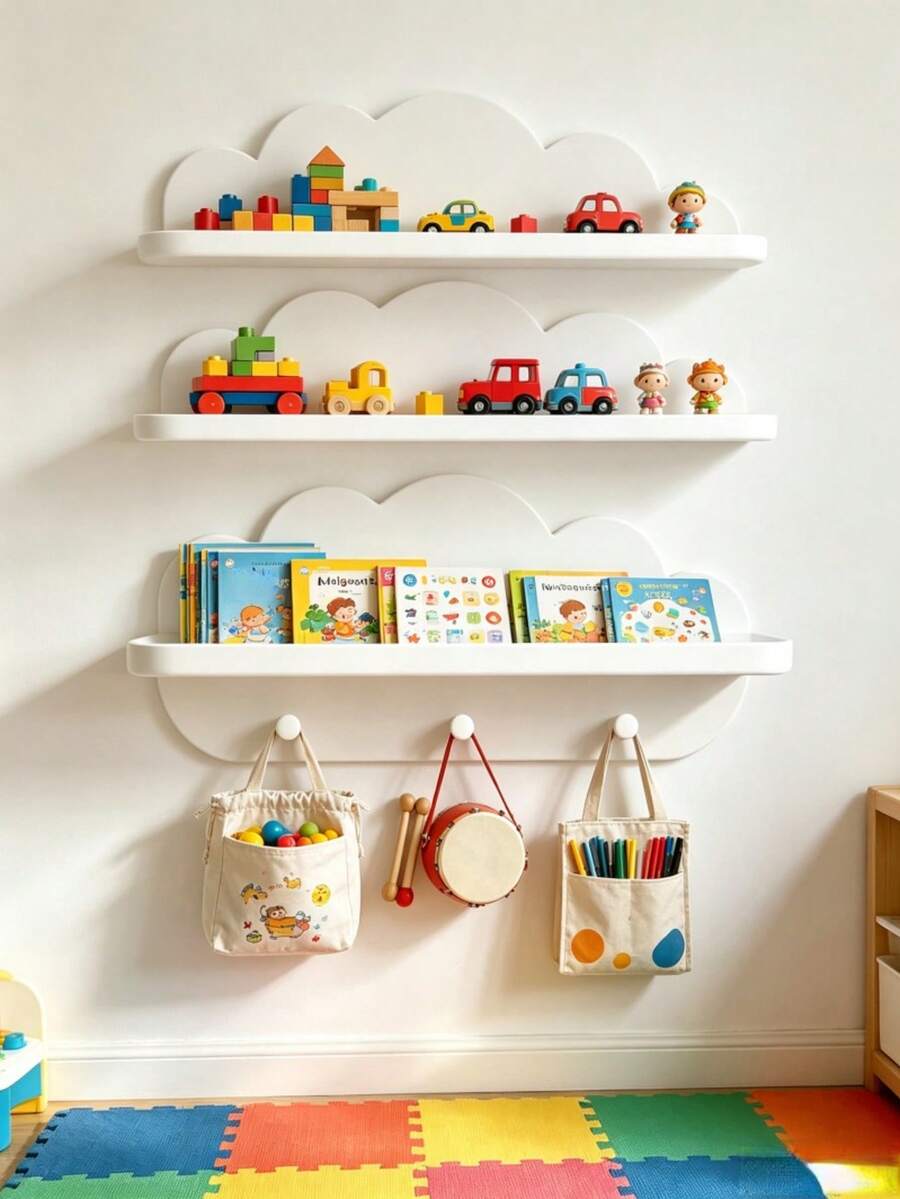 1/2/3pcs Cloud-Shaped Baby Room Wall Shelf, Floating Storage Rack With Hooks, Baby Room Decor Organizer, Suitable For Baby Accessories And Supplies - Multicolor - View 1
