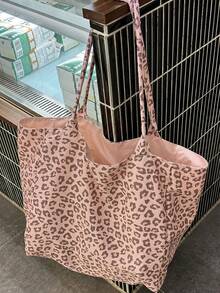 Pink Leopard Print Large Capacity 2-In-1 Tote Bag With Sturdy Double Top Handles, Reversible Design, Versatile Shopping Bag, Commuter Bag, And Multi-Functional Storage Organizer For Headphones, Chargers, Cosmetics, Laptop And Travel Essentials - Multicolor - View 6