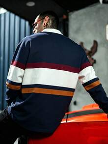 Vintage Colorblock Multi-Stripe Rugby Polo Men's Navy Burgundy Beige Caramel Drop Shoulder Long Sleeve Collared Pullover Top - Navy Blue - View 3
