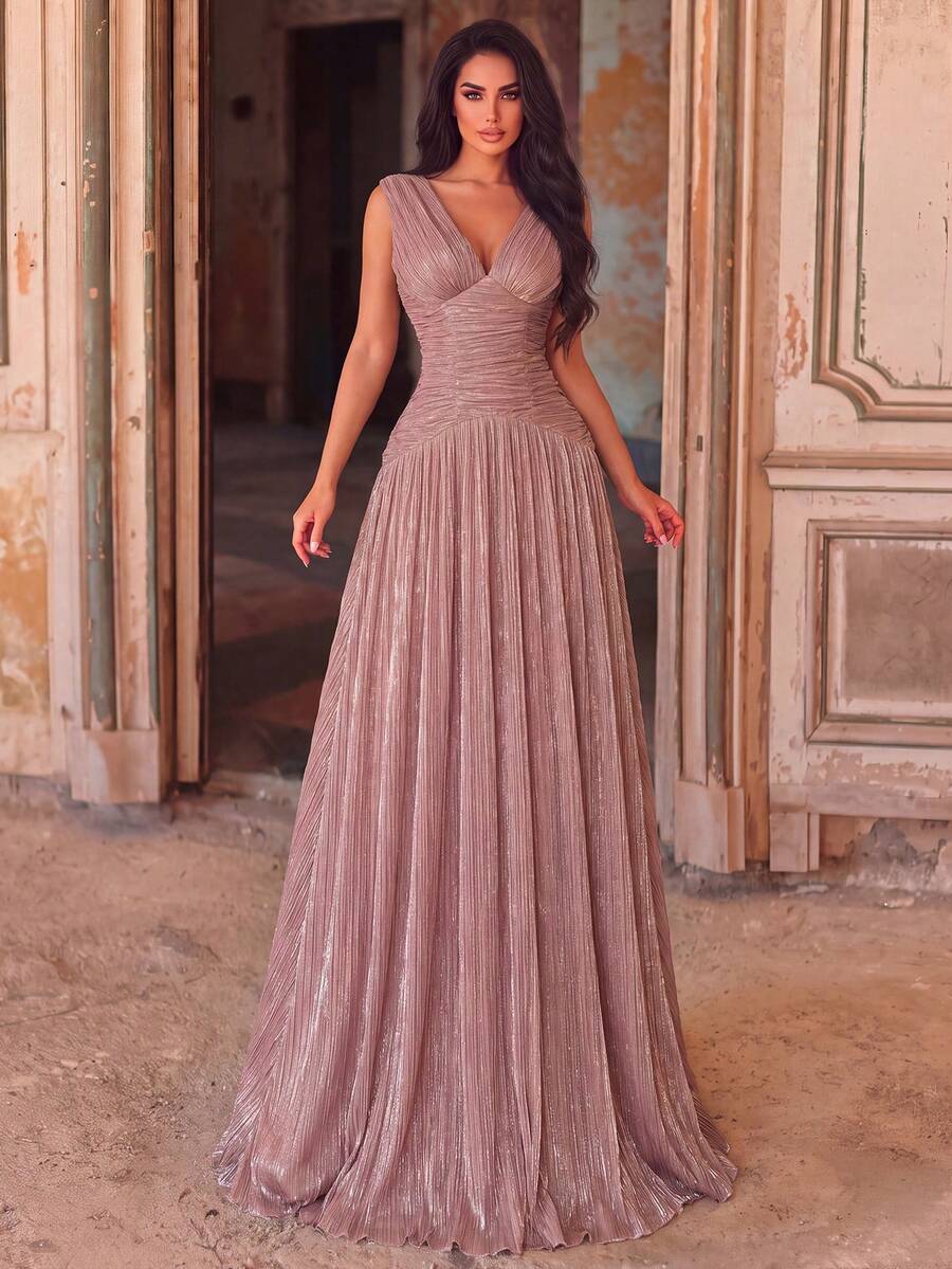 Women's Romantic Long Sleeve Deep V-Neck Dress, Pleated Detail Design, Flared Hem, Glamorous Style - Dusty Pink - View 1