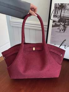 女款托特手提包，純色麂皮材質，金屬扣飾細節，大容量，極簡優雅風格，女性日常休閒四季通用包 - 紅色 - 查看 10