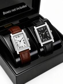 2PCS Men's Vintage Square Quartz Watches, Roman Numeral Black & White Dial, Silver Square Case, Black & Brown Crocodile Pattern PU Leather Strap, Business Formal Casual Pointer Watch, Without Display Box - Black - View 12