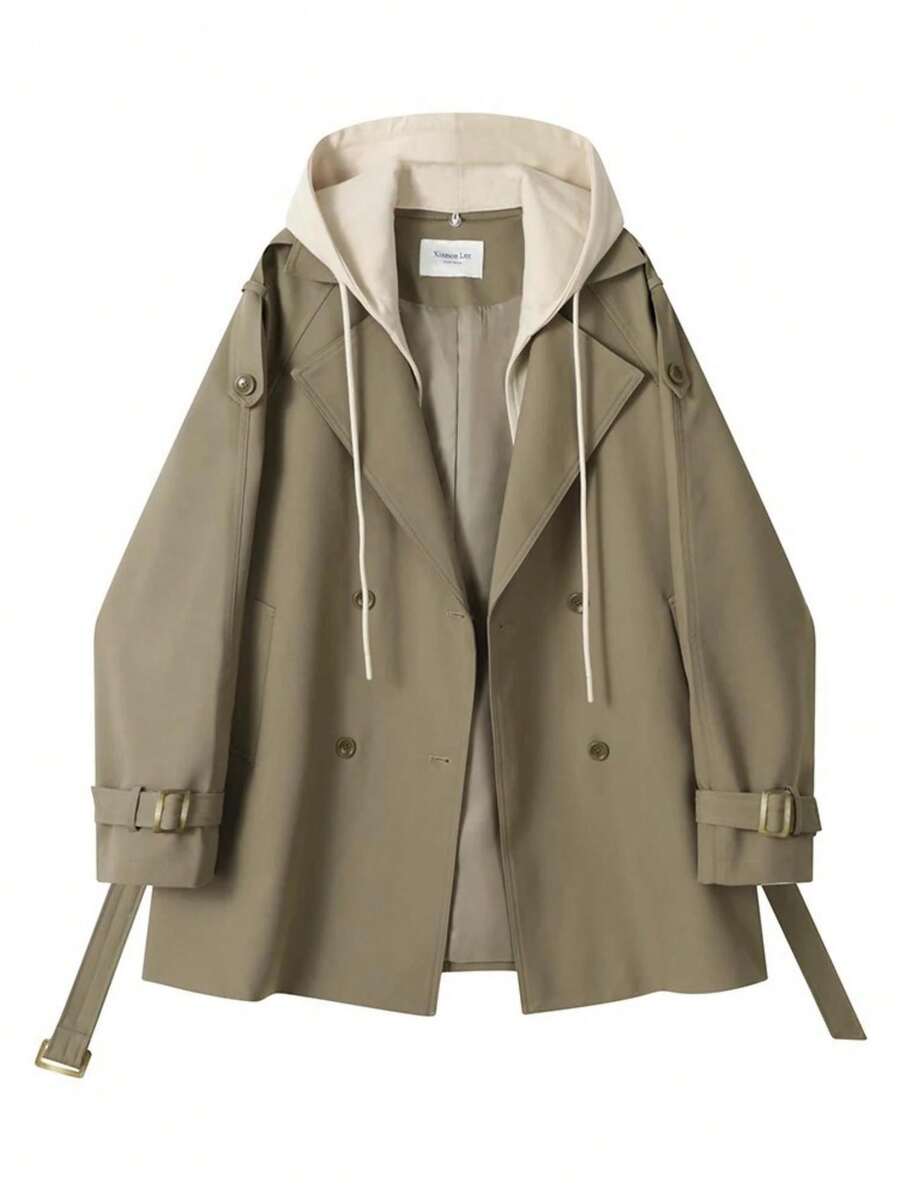 Vintage Double-Breasted Trench Coat Jacket With Buttons, College Office Daily Spring Autumn Vacation Casual Travel, Elegant - Coffee Brown - View 1