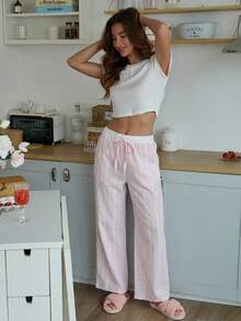 Women's 2-Piece Pajama Set, Knitted Jacquard Short Sleeve Crop Top, Bubble Crepe Striped Drawstring Wide Leg Pants, Soft Loungewear - White - View 4
