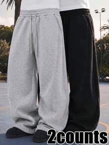 2pcs Street Style Y2K Patchwork Water-Resistant Pants Men High Waist Loose Drawstring Wide Leg Gray-Black Sweatpants Joggers Autumn - Multicolor - View 2