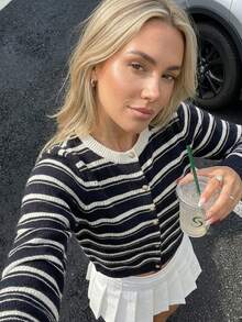 This Women's Fashion Striped Cardigan, Long Sleeve Design With Button Details, Is The Perfect Choice For Creating A Cute Autumn Look - Multicolor - View 7