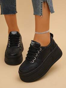 Women's Wedge Heel Thick Sole Sports Shoes Solid Color Casual Shoes - Black - View 4